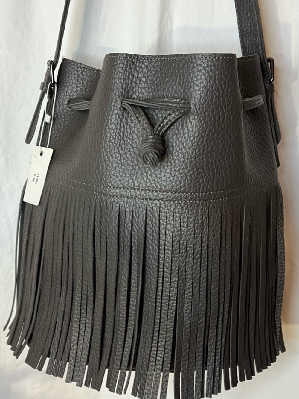 Pretty Persuasion Fringe Faux Leather Bucket Bag - Dark grey.